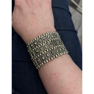 Silver Tone Hematite Rhinestone Wide Stretch Cuff Bracelet